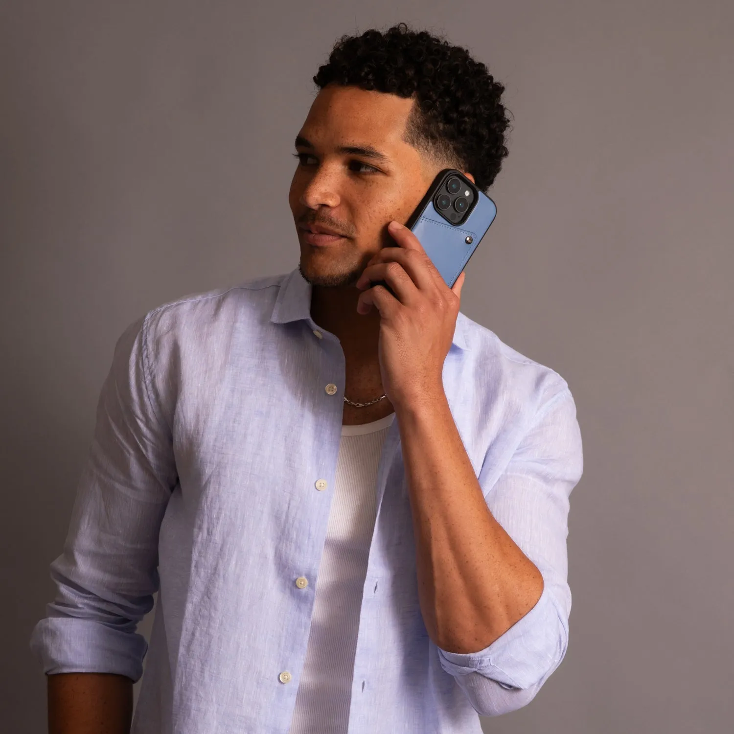 Alex Smooth Leather Wallet Phone Case (no D-rings) - Denim Blue/Pewter Minimal Edge Design Protective Layer