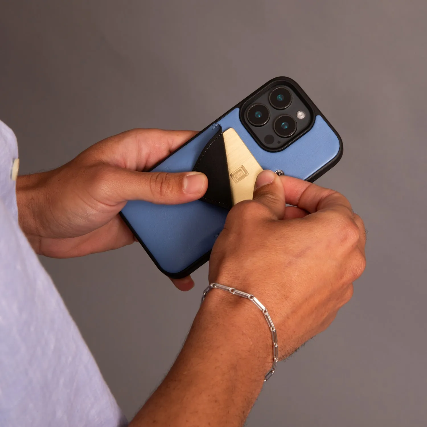 Slim Feel Minimalist Aesthetic Alex Smooth Leather Wallet Phone Case (no D-rings) - Denim Blue/Pewter