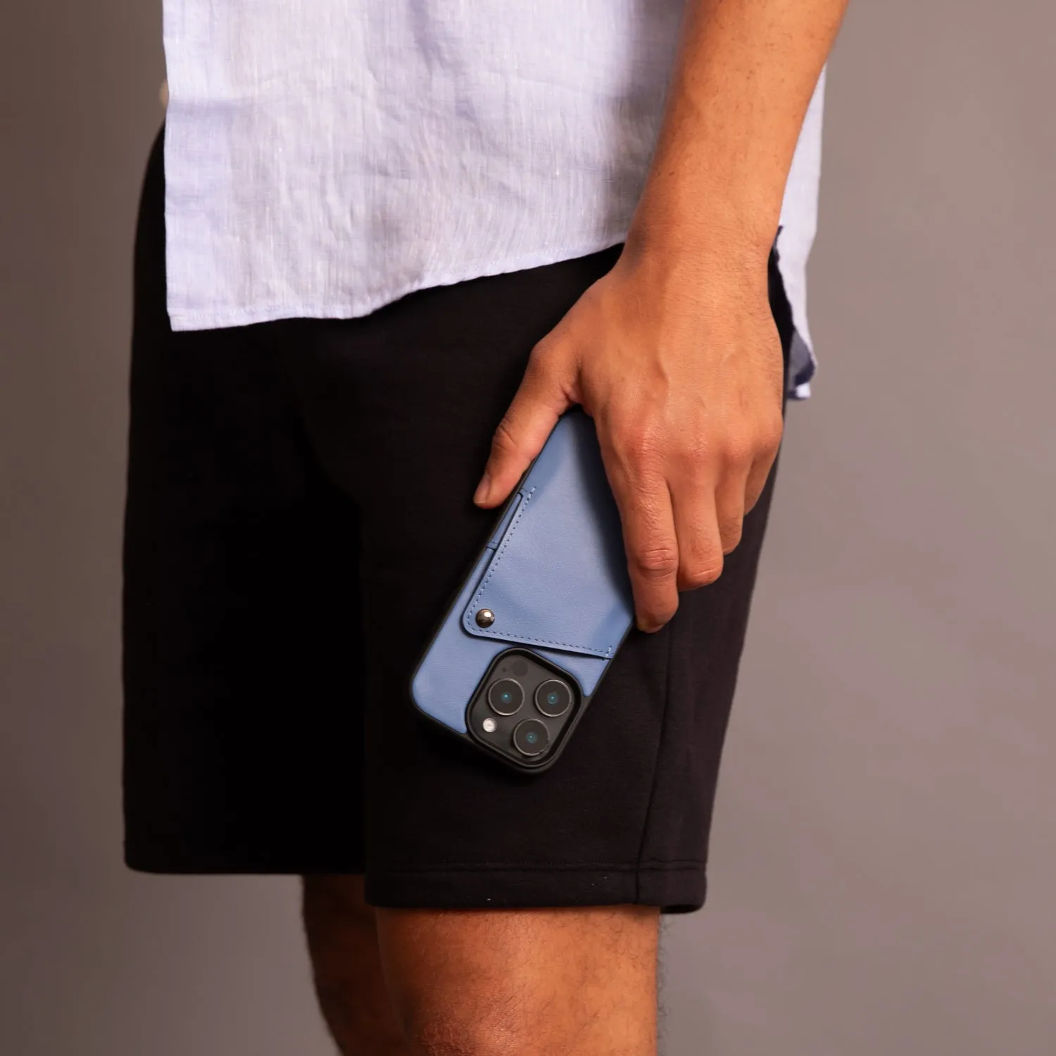 Alex Smooth Leather Wallet Phone Case (no D-rings) - Denim Blue/Pewter Minimal Design