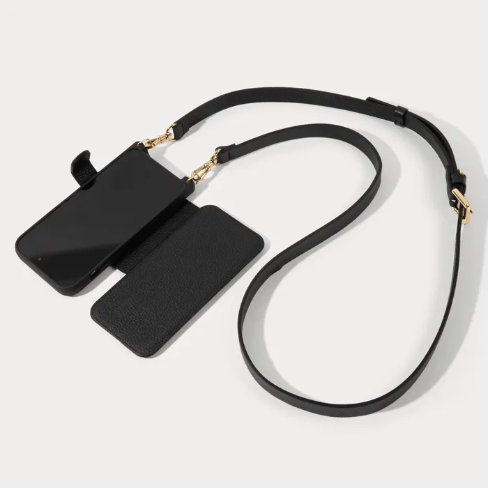 Hailey Folio Pebble Leather Crossbody Bandolier - Black/Gold Hybrid Surface Layer Sleek Profile