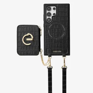 Crocodile Design Set- Samsung Galaxy Magnetic Grip Wallet  Phone Case with Carrying Strap Premium Shield Soft Look Texture