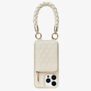 BraidTrend- Beige Wallet Phone Case with Detachable Rope Style Wrist Strap for iPhone Series Matte Feel Texture Smooth Shape