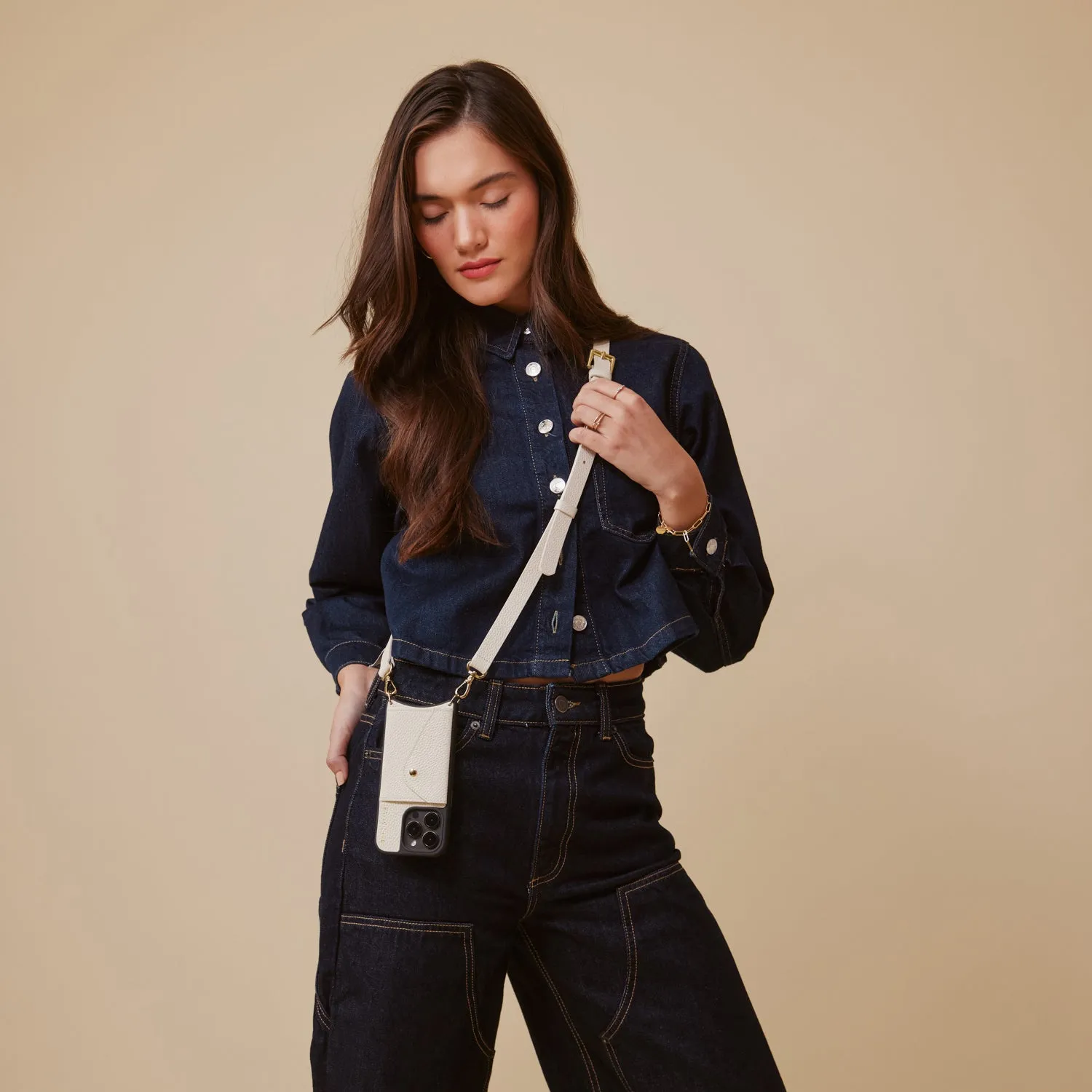 Light Protection Hailey Side Slot Leather Crossbody Bandolier - Ivory/Gold