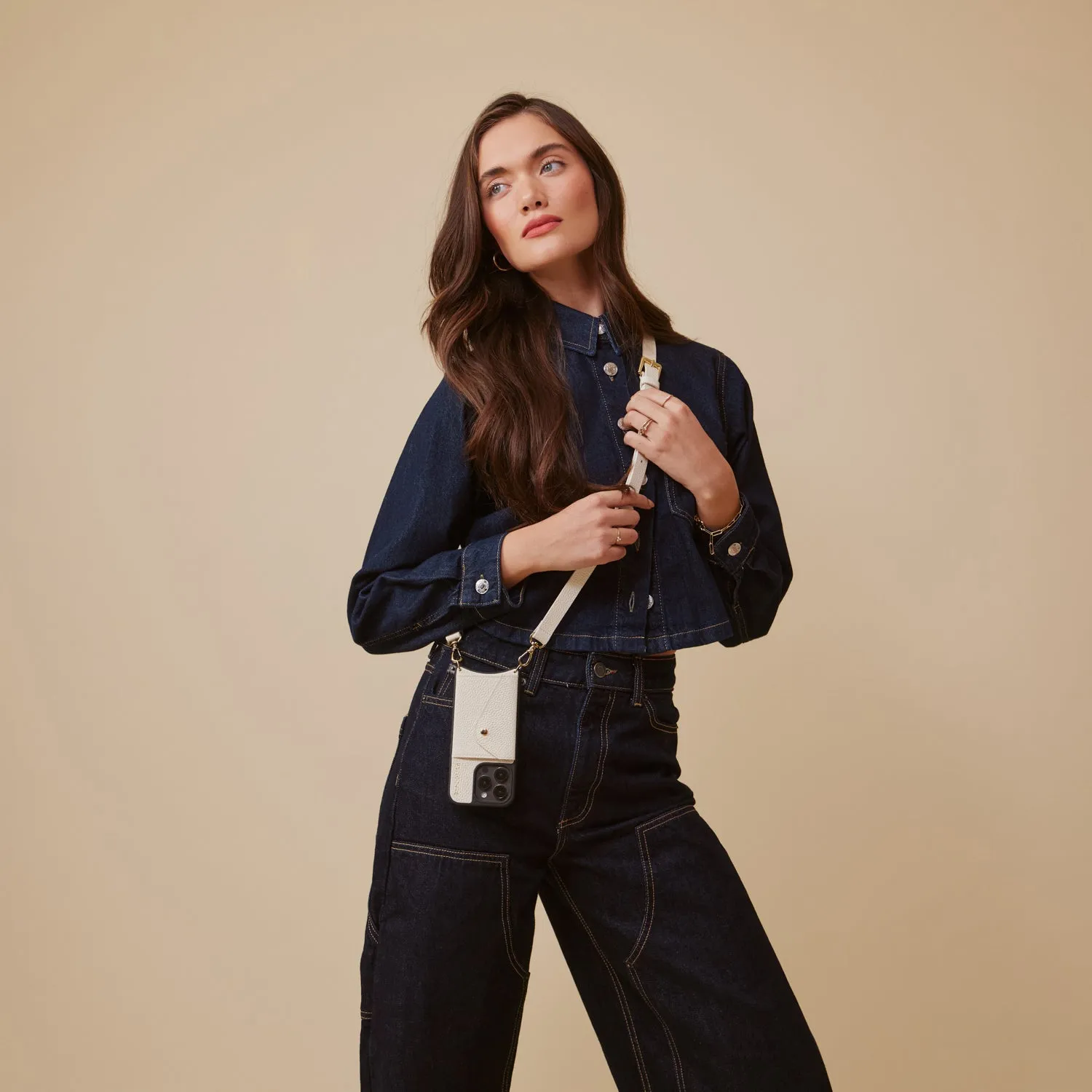 Smooth Pattern Design Protective Layer Hailey Side Slot Leather Crossbody Bandolier - Ivory/Gold