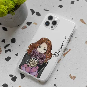 Wireless charging Premium Detail Coffee Girl transparent silicone case with name