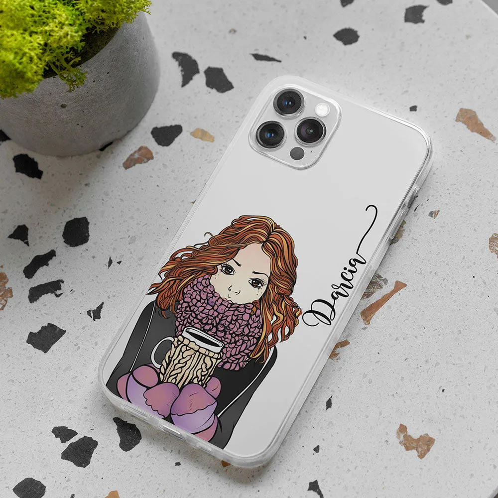 Wireless charging Premium Detail Coffee Girl transparent silicone case with name
