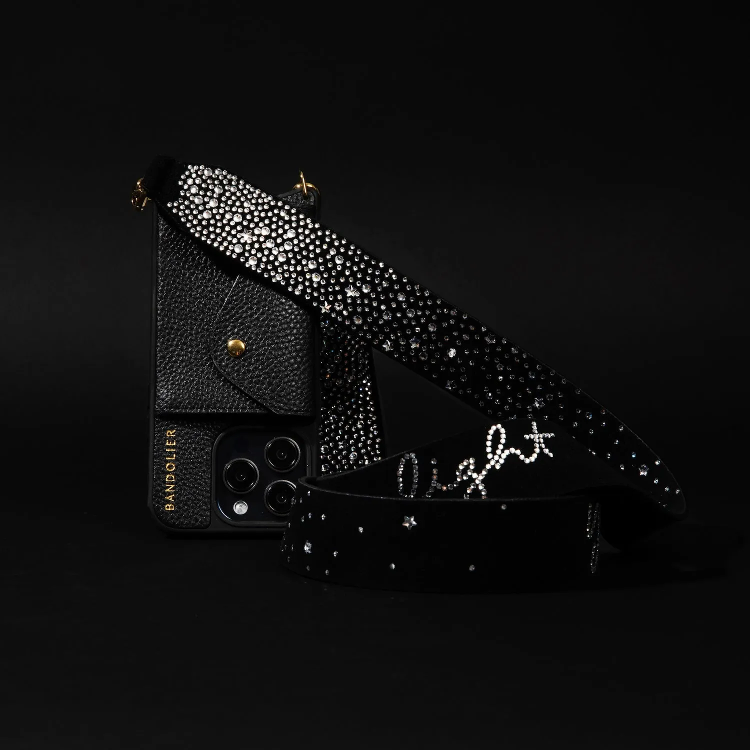 Alanis Rhinestone Side Slot Leather Crossbody Bandolier - Black/Gold Elegant Finish Design Long Lasting