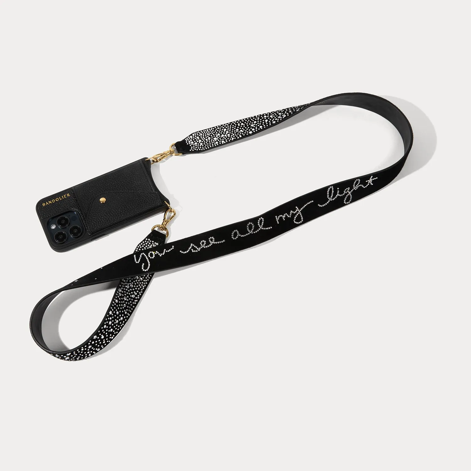 Non slip grip Alanis Rhinestone Side Slot Leather Crossbody Bandolier - Black/Gold