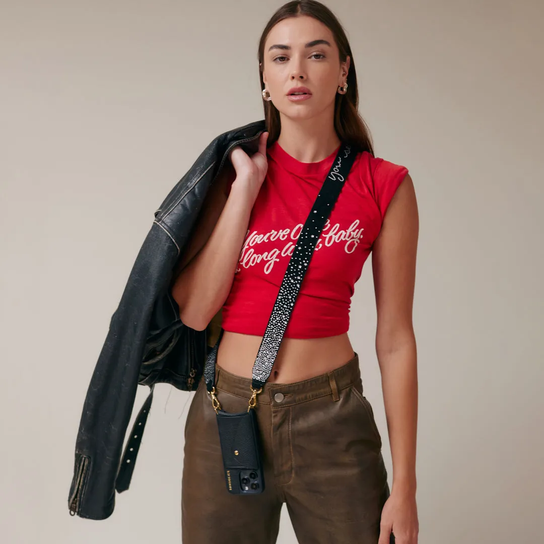 Alanis Rhinestone Side Slot Leather Crossbody Bandolier - Black/Gold Smooth Detail Outdoor Adventure