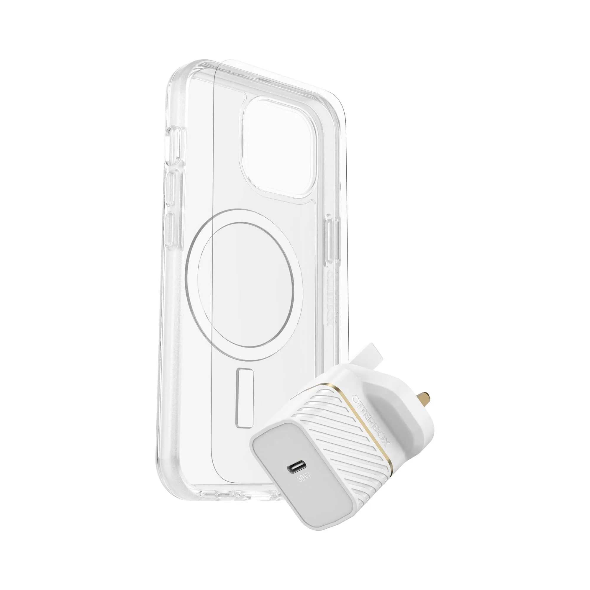 Scratch Guard Minimal Design OtterBox KIT for iPhone 15 - Symmetry  Clear Cover with MagSafe / Glass Screen Protector / 30W Charger