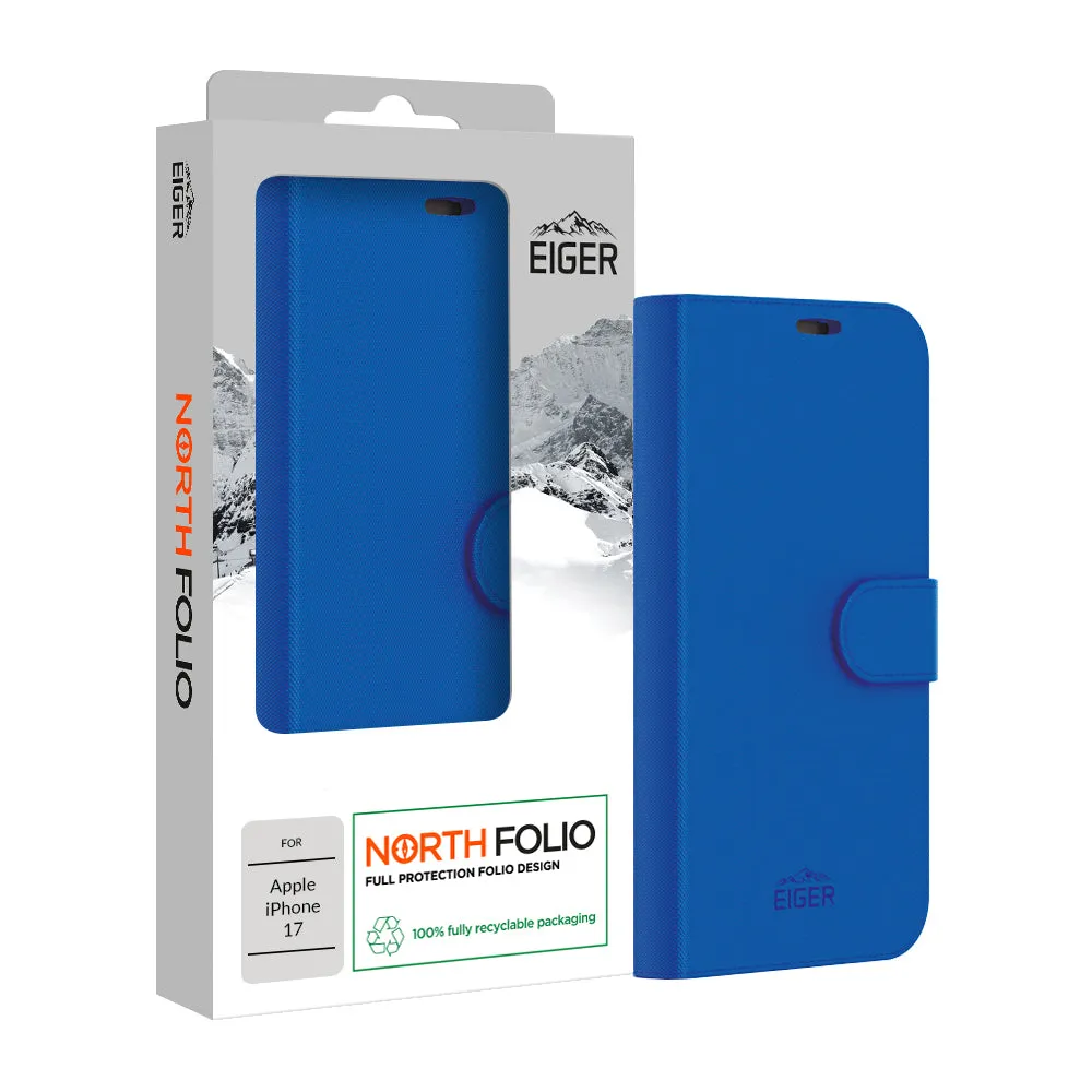 Durable Surface Design Impact Guard Eiger North Folio Case for Apple iPhone 17 in Blue