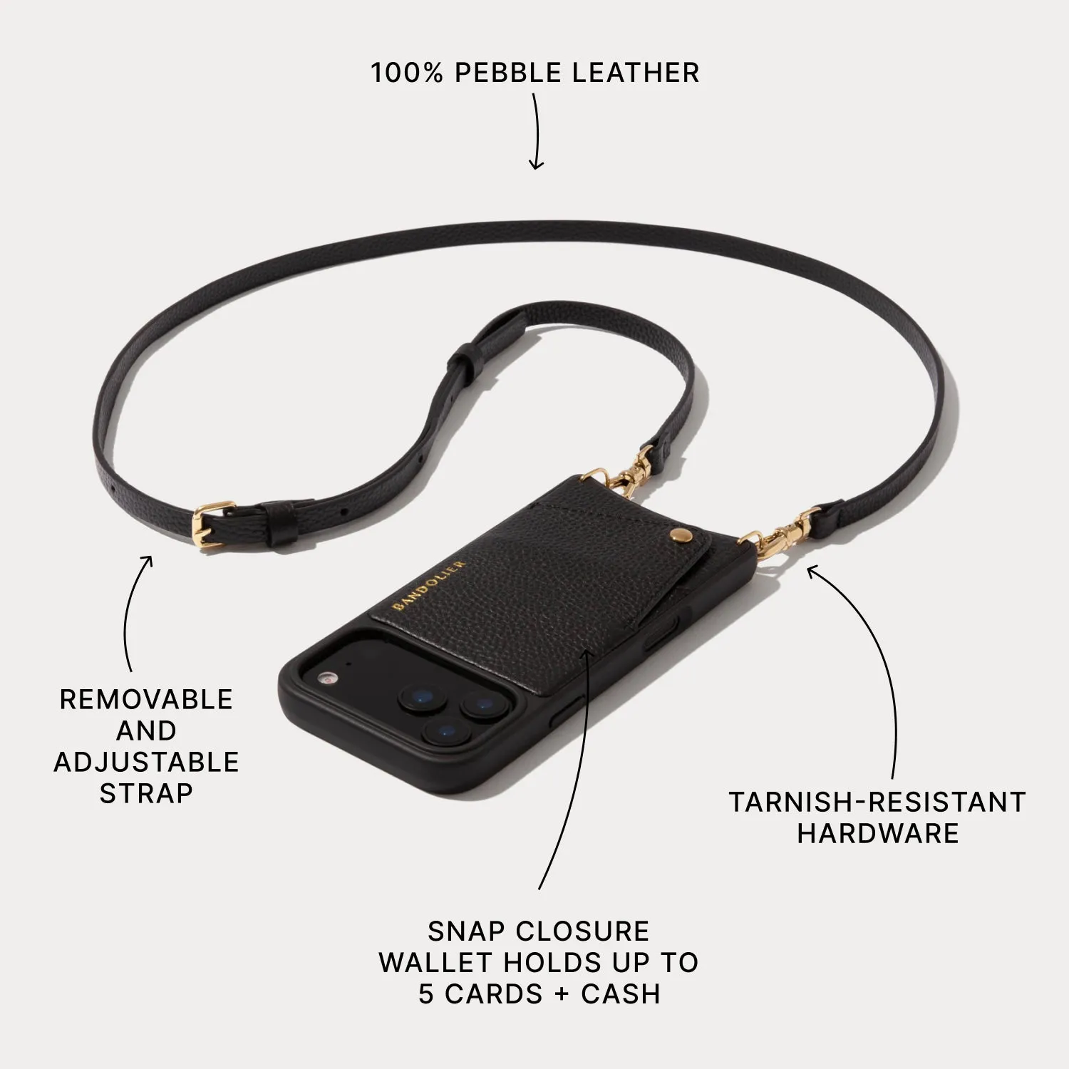 Emma Pebble Leather Crossbody Bandolier - Black/Gold Wireless charging