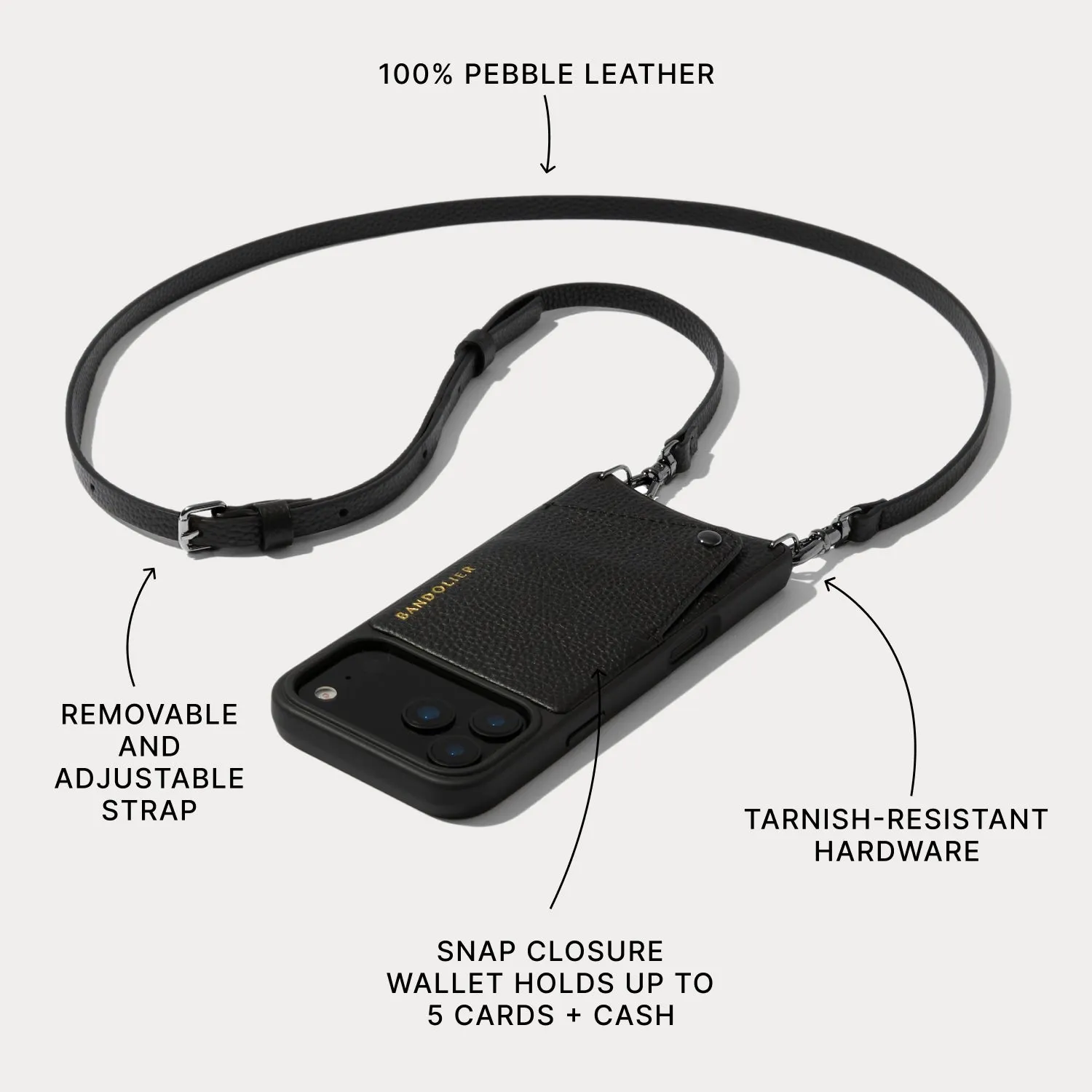 Soft Look Texture Minimal Aesthetic Touch Emma Pebble Leather Crossbody Bandolier - Black/Pewter