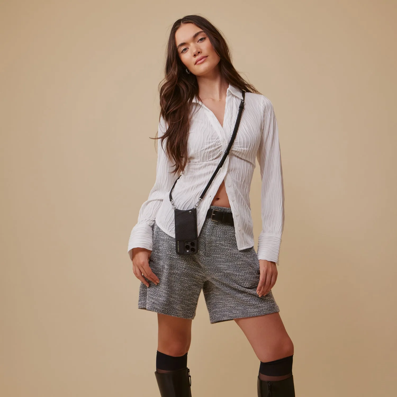 Smooth Layer Texture Soft Frame Emma Pebble Leather Crossbody Bandolier - Black/Silver