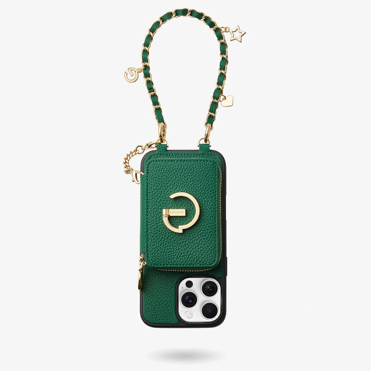 Gloss Finish Allure Chain Series-  Protective Wireless Charging Wallet Phone Case with Wristlet