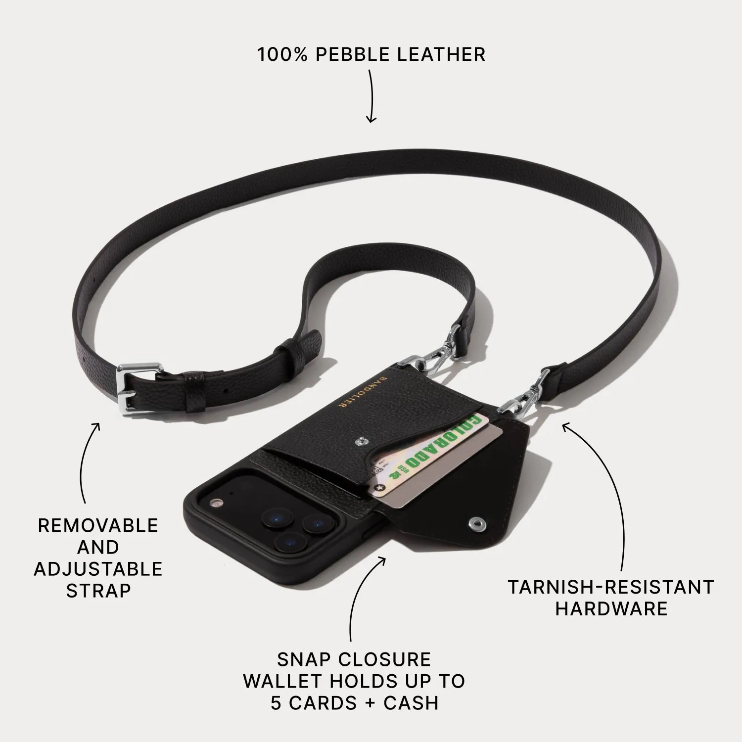 Soft Edge Texture Hailey Side Slot Leather Crossbody Bandolier - Black/Silver