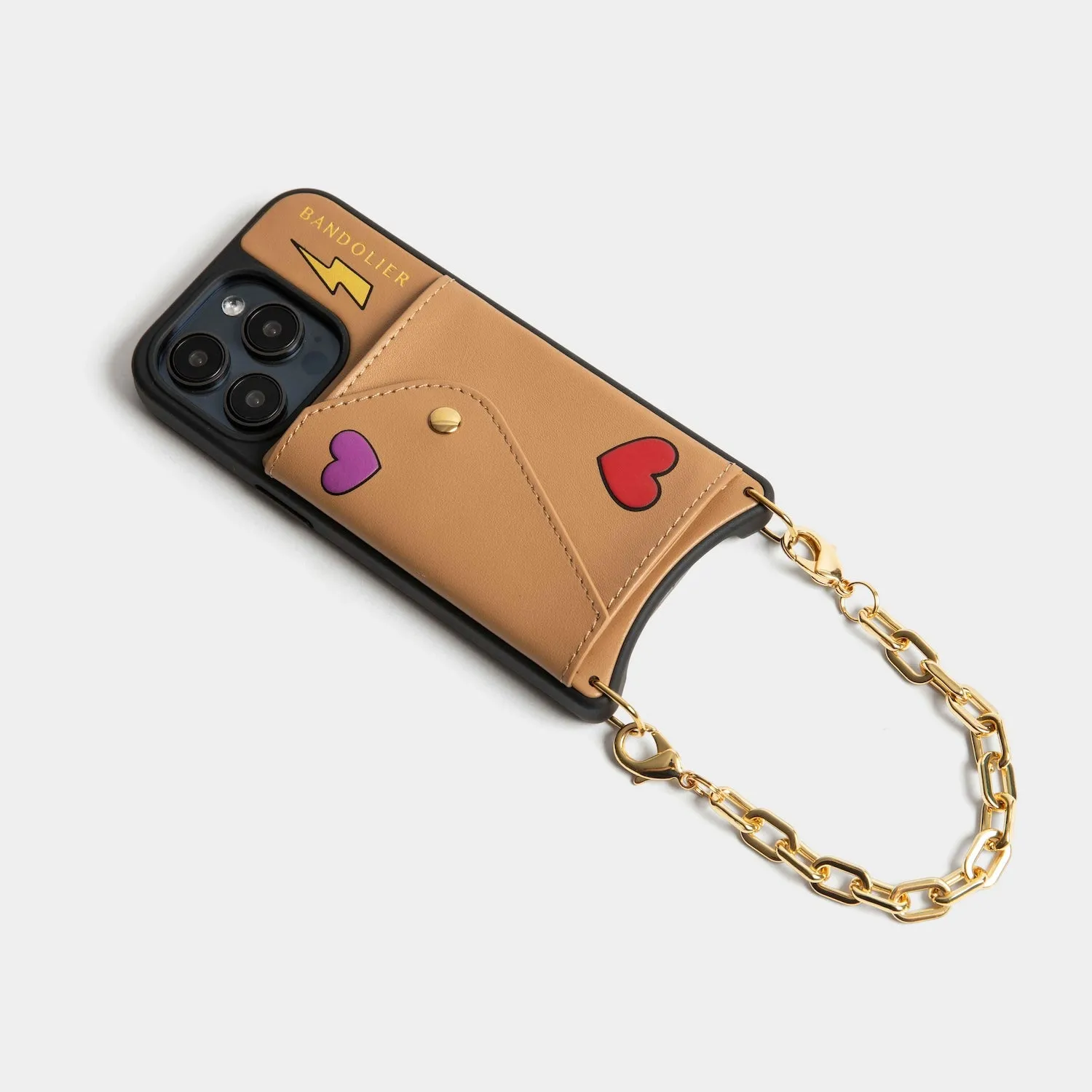 Gia Bolt Side Slot Leather Crossbody Bandolier Set - Electric Heart/Tan/Gold on Smooth Surface Layer