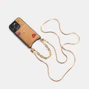 Gia Bolt Side Slot Leather Crossbody Bandolier Set - Electric Heart/Tan/Gold on Colorful Pattern