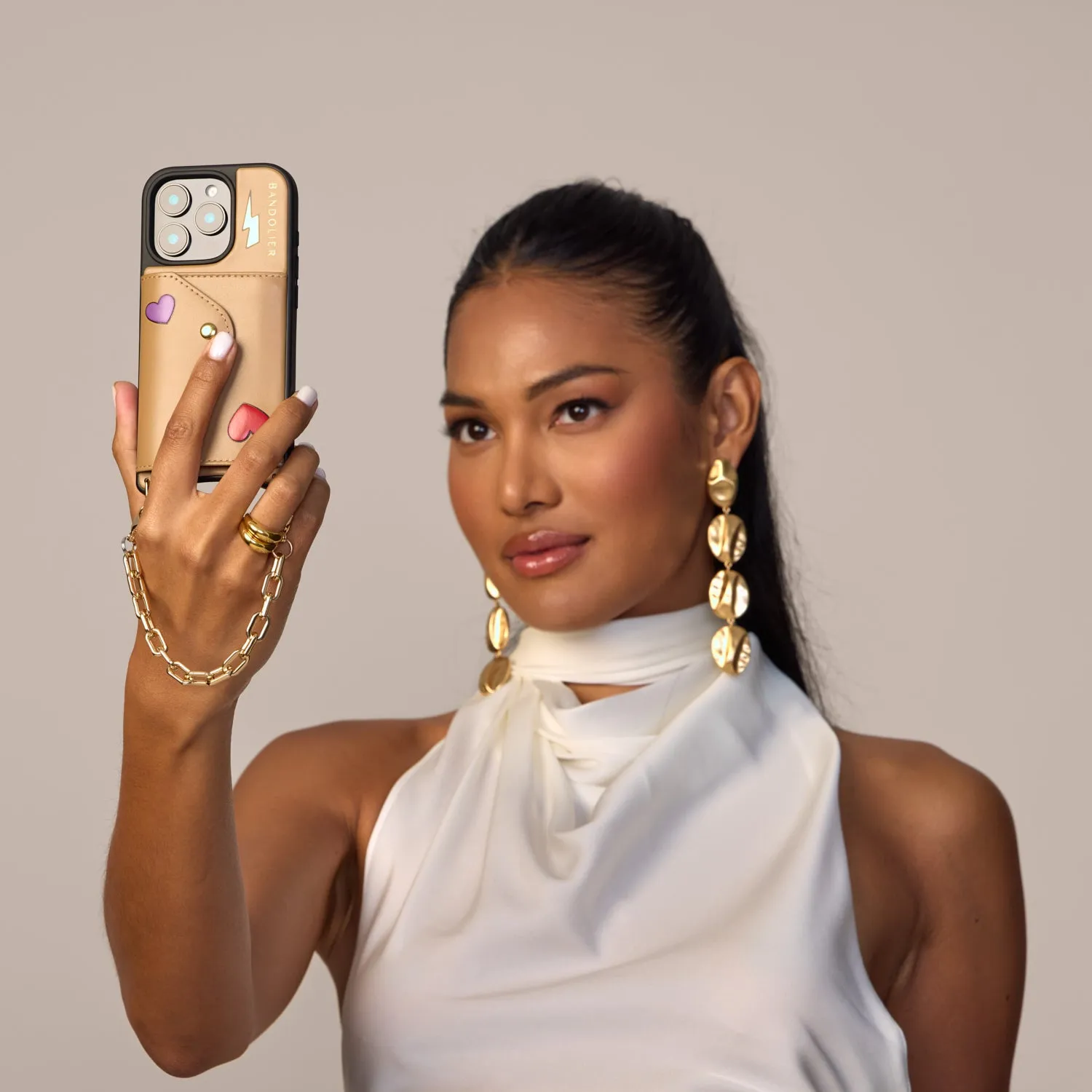 Gia Bolt Side Slot Leather Crossbody Bandolier Set - Electric Heart/Tan/Gold on everyday elegance Stylish Texture