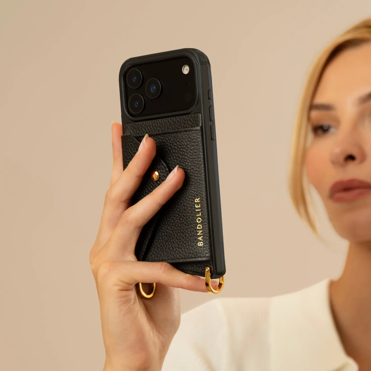 Hailey Side Slot Leather Crossbody Bandolier - Black/Gold Travel Friendly