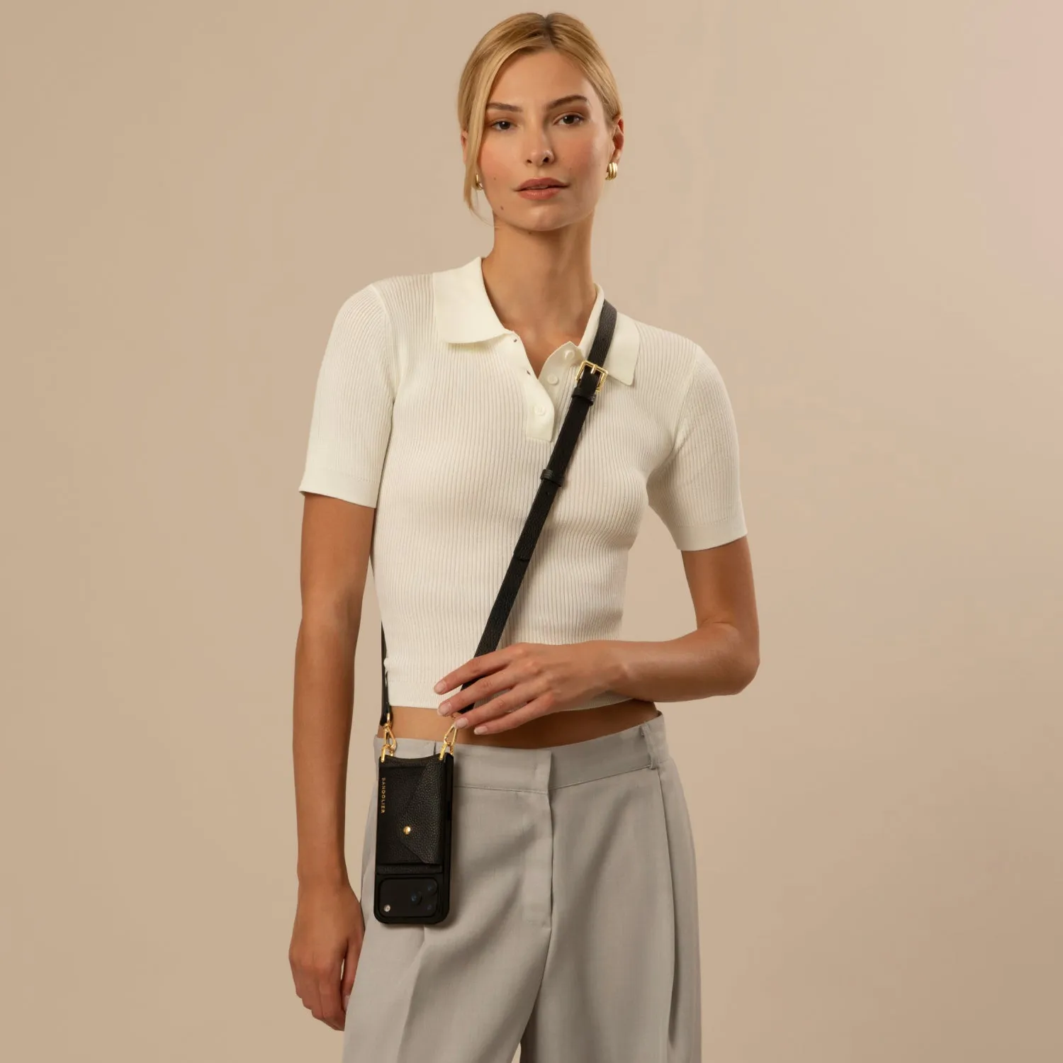 Hailey Side Slot Leather Crossbody Bandolier - Black/Gold Cushioned Edge