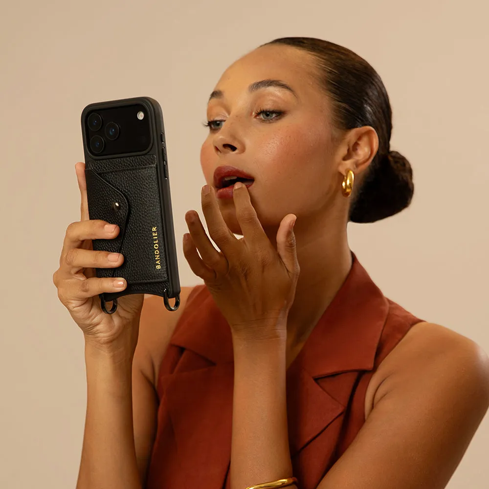 Glossy surface Hailey Side Slot Leather Crossbody Bandolier - Black/Pewter