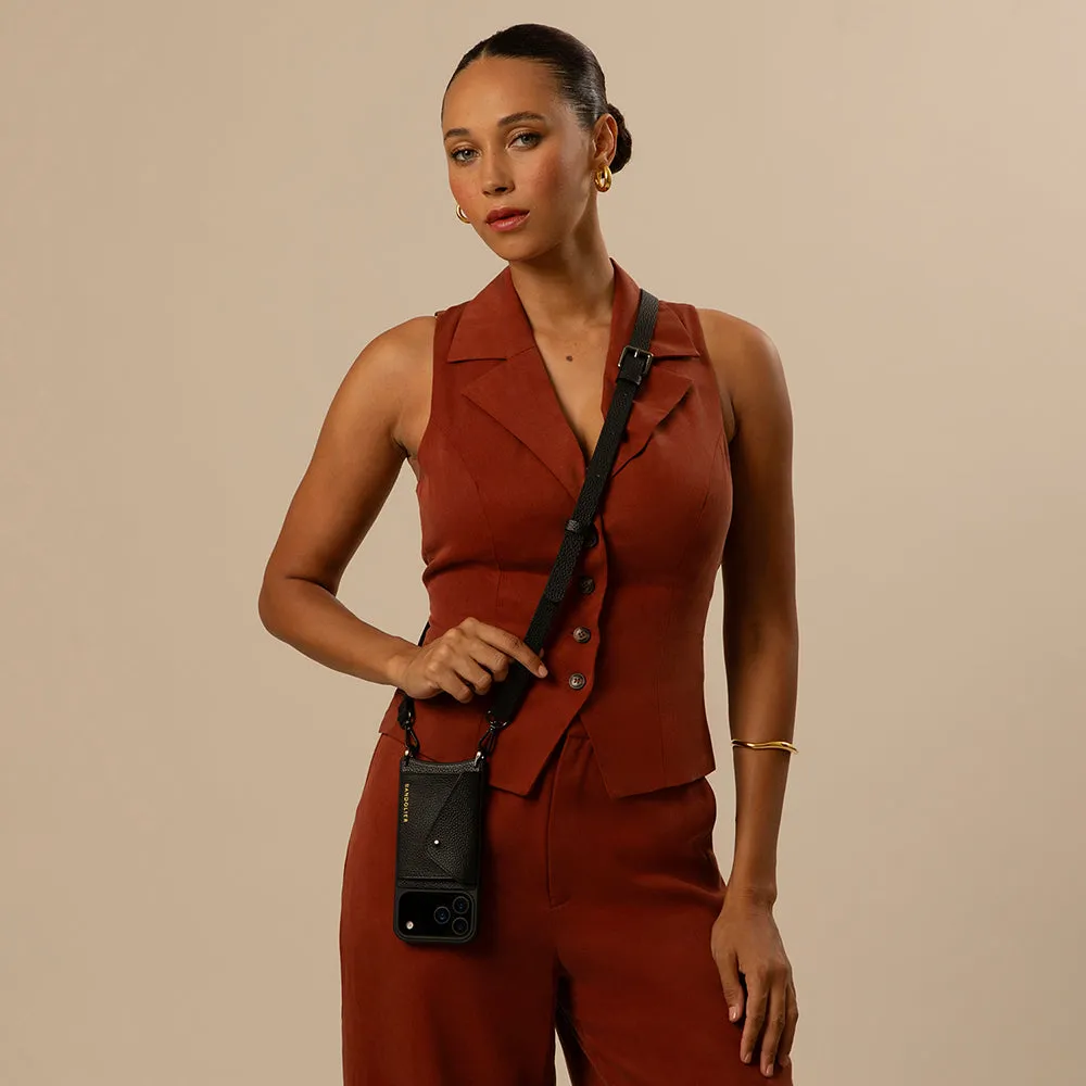 Gloss Surface Layer Button Cover Hailey Side Slot Leather Crossbody Bandolier - Black/Pewter