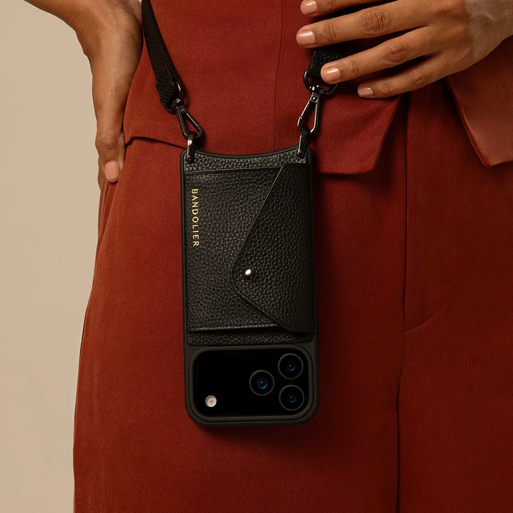 Printed Graphic Premium Edge Design Hailey Side Slot Leather Crossbody Bandolier - Black/Pewter