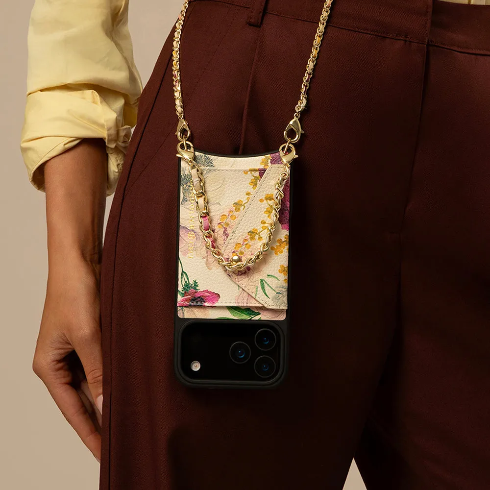 Slim Texture Lily Side Slot Leather Crossbody Bandolier - Ceci Ivory Floral/Gold