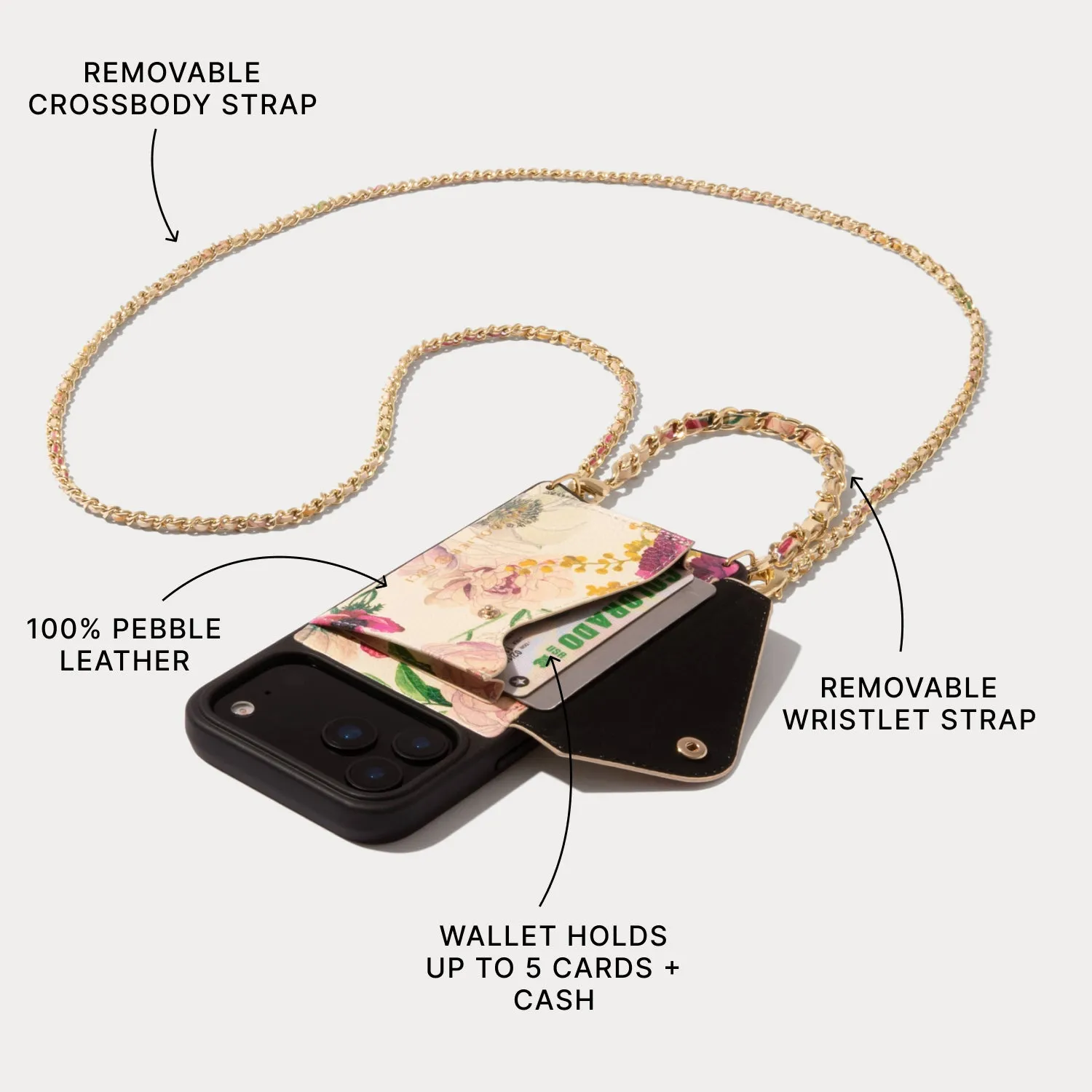 Protective Form Lily Side Slot Leather Crossbody Bandolier - Ceci Ivory Floral/Gold