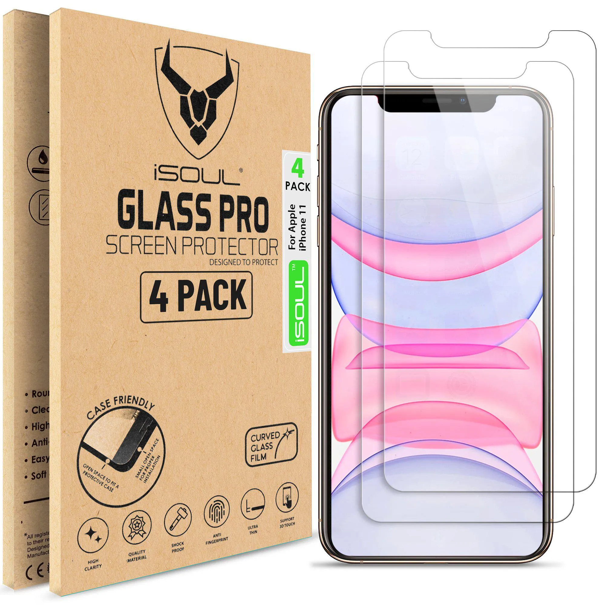 work use soft edge screen protector Screen Protector for Apple iPhone 11 and iPhone XR 6.1-Inch, Tempered Glass Film, 4-Pack