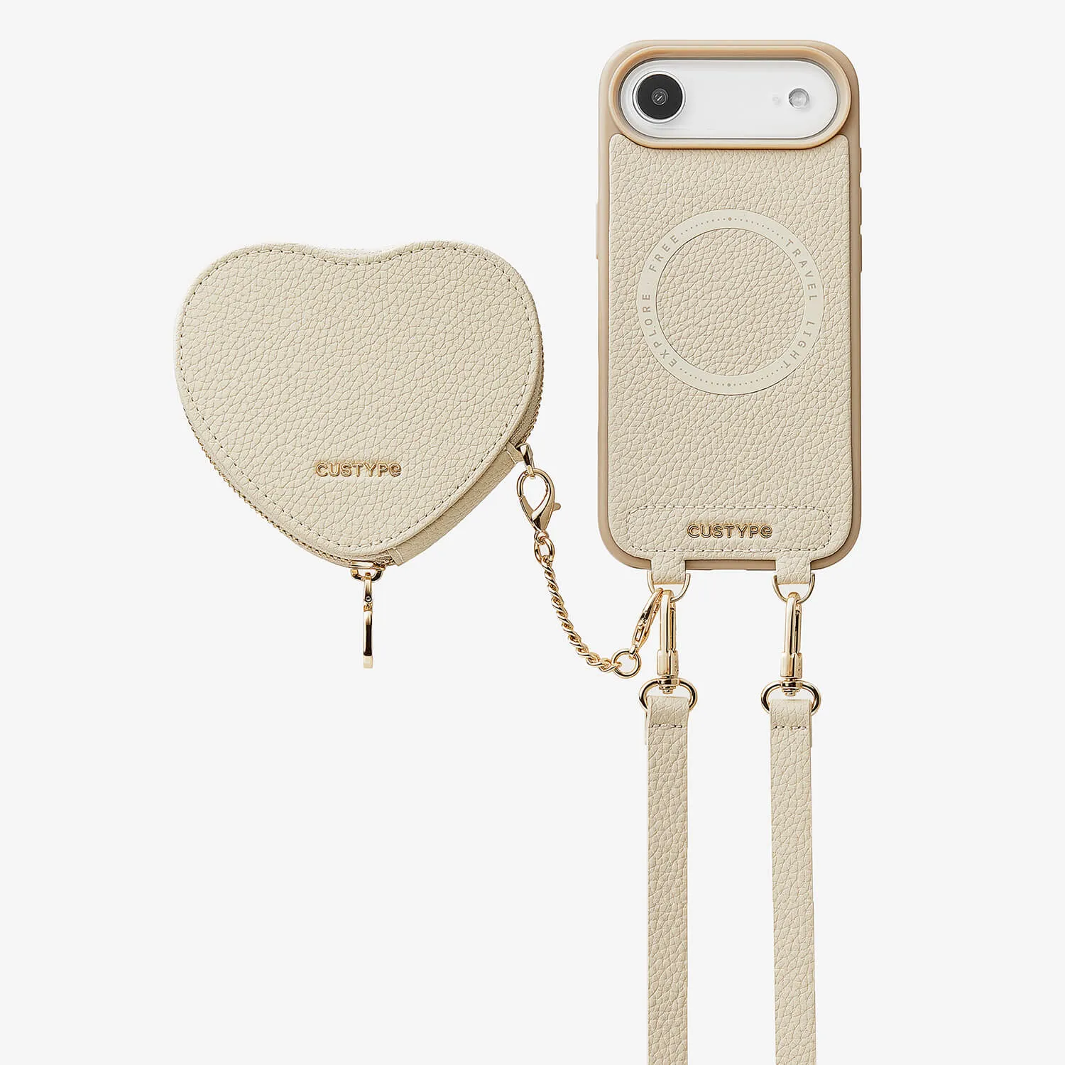 Smooth Layer Texture Clear Protection Heart Design Kit- Detachable Wireless Charging Crossbody Wallet Phone Case Pouch Set