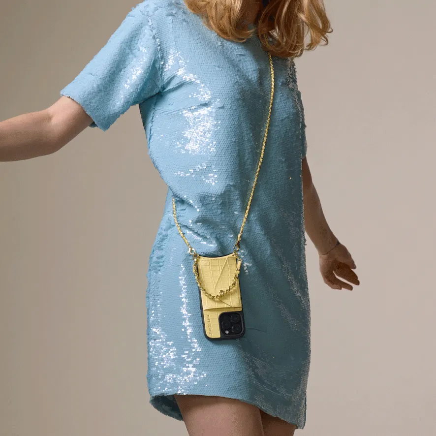 Vivid Detail Texture Lily Crossbody Phone Case Set - Butter Yellow Croc/Gold