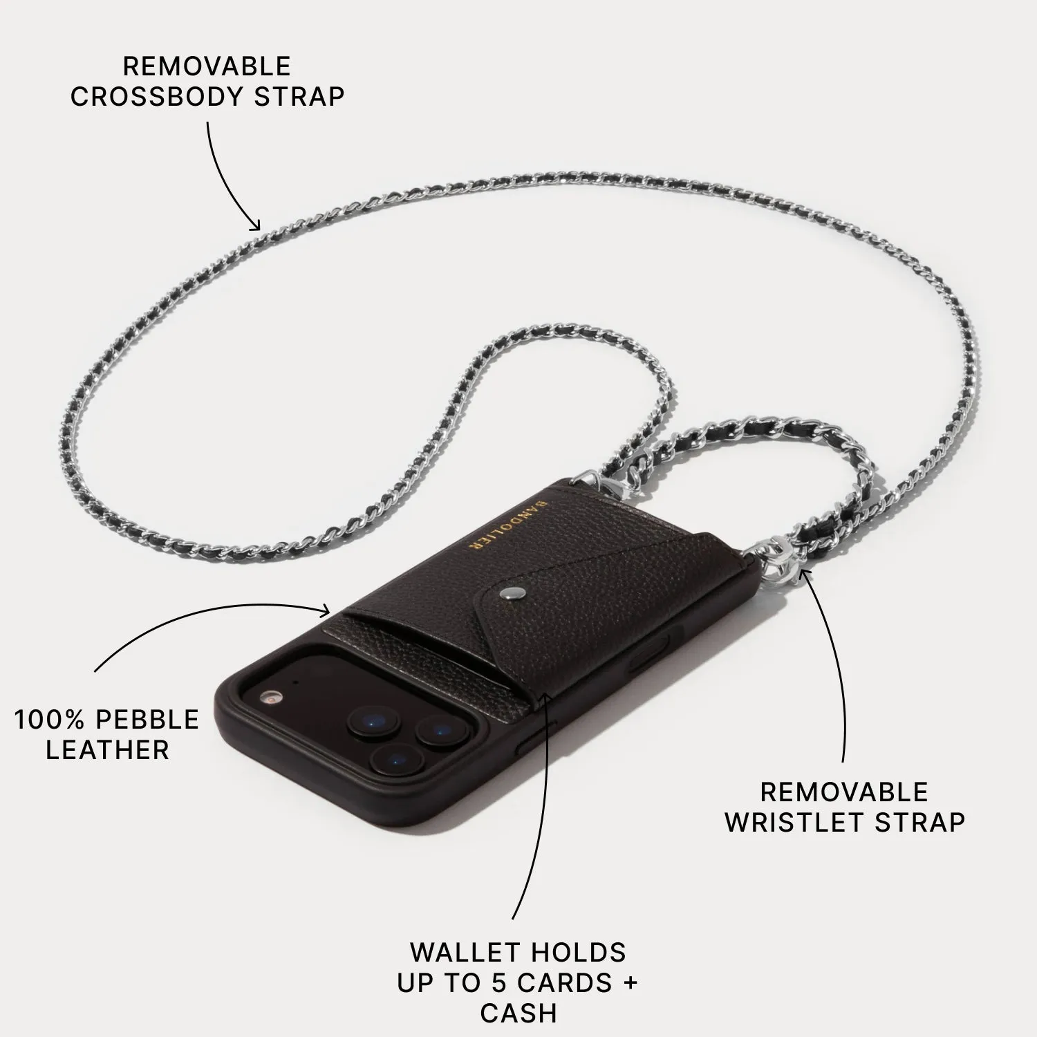 Lily Side Slot Leather Crossbody Bandolier Set - Black/Silver Modern Texture Build Matte Feel Texture