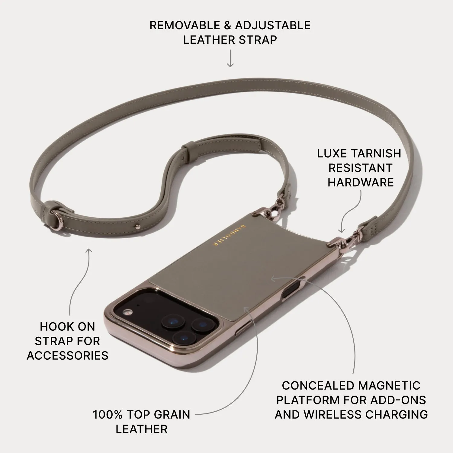 Rayna Chrome Crossbody Phone Case - Warm Gray/Antique Silver Soft Surface Design