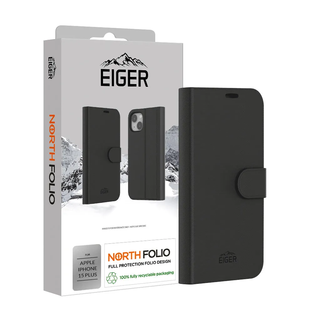 Outdoor Use Scratch Resistant Eiger North Folio Case for Apple iPhone 15 Plus in Black