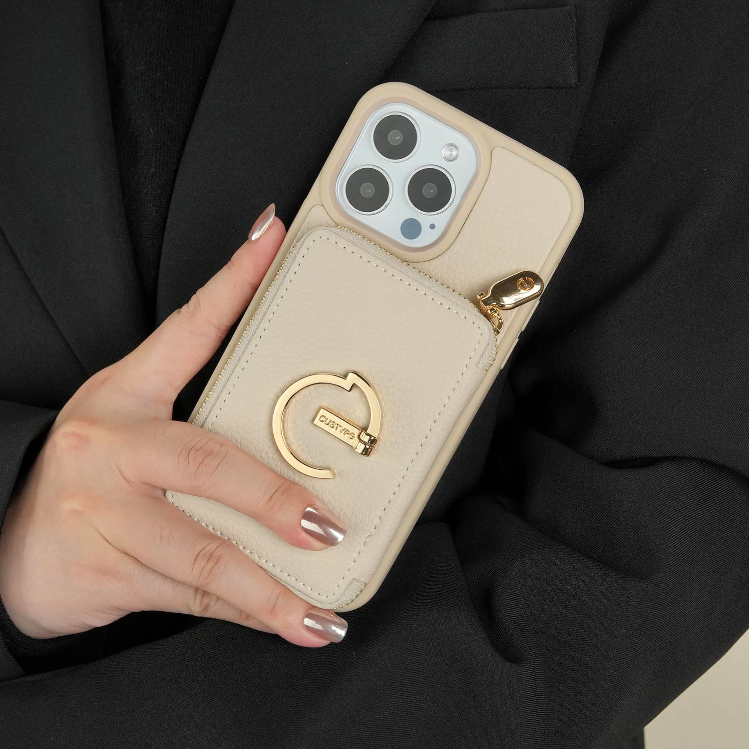 Enhanced Durability Portable Grip ZipPouch- E-stand Wallet Phone Case- Lychee Leather