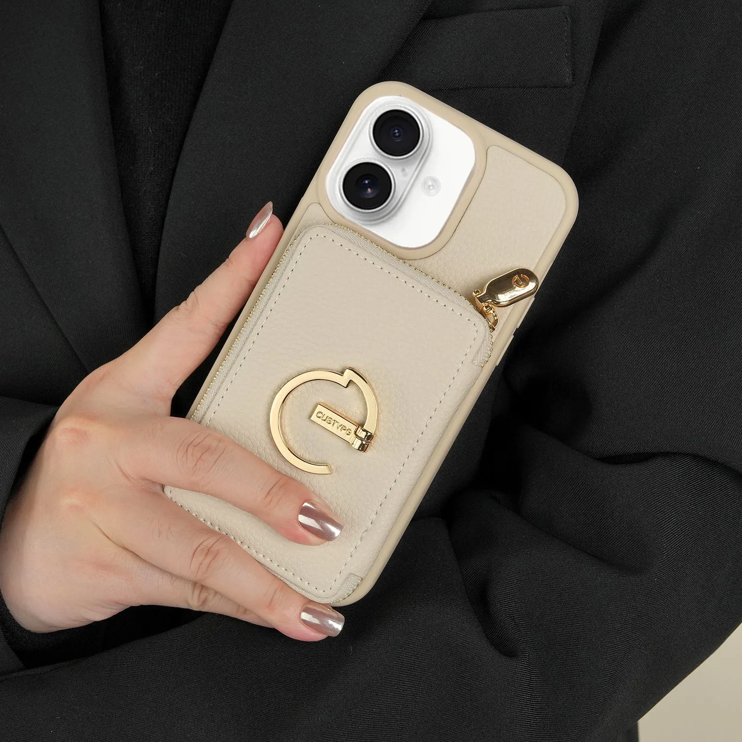 ZipPouch- E-stand Wallet Phone Case- Lychee Leather Elegant Craft Gloss Surface Layer