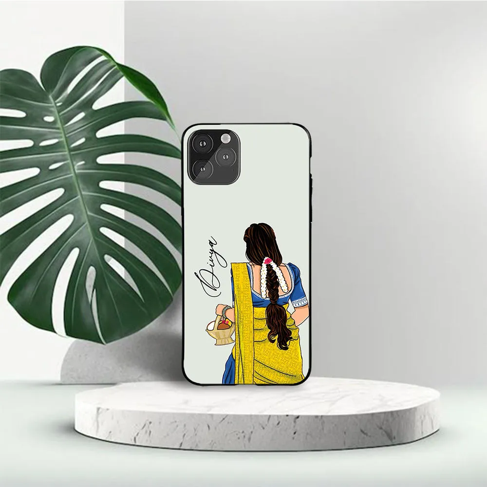 Girl on Half Saree Name Printed Protective Case Strong Outline