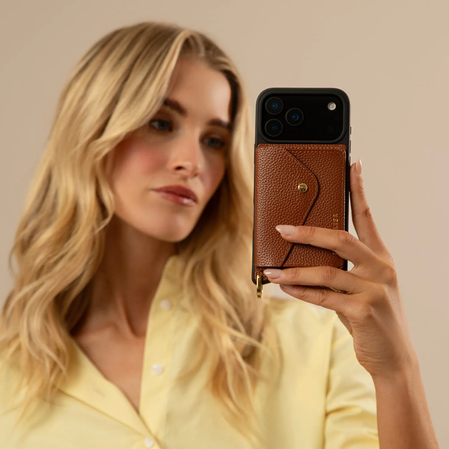 Rugged Finish Remi Magnet Wallet Crossbody Phone Case - Cognac/Gold