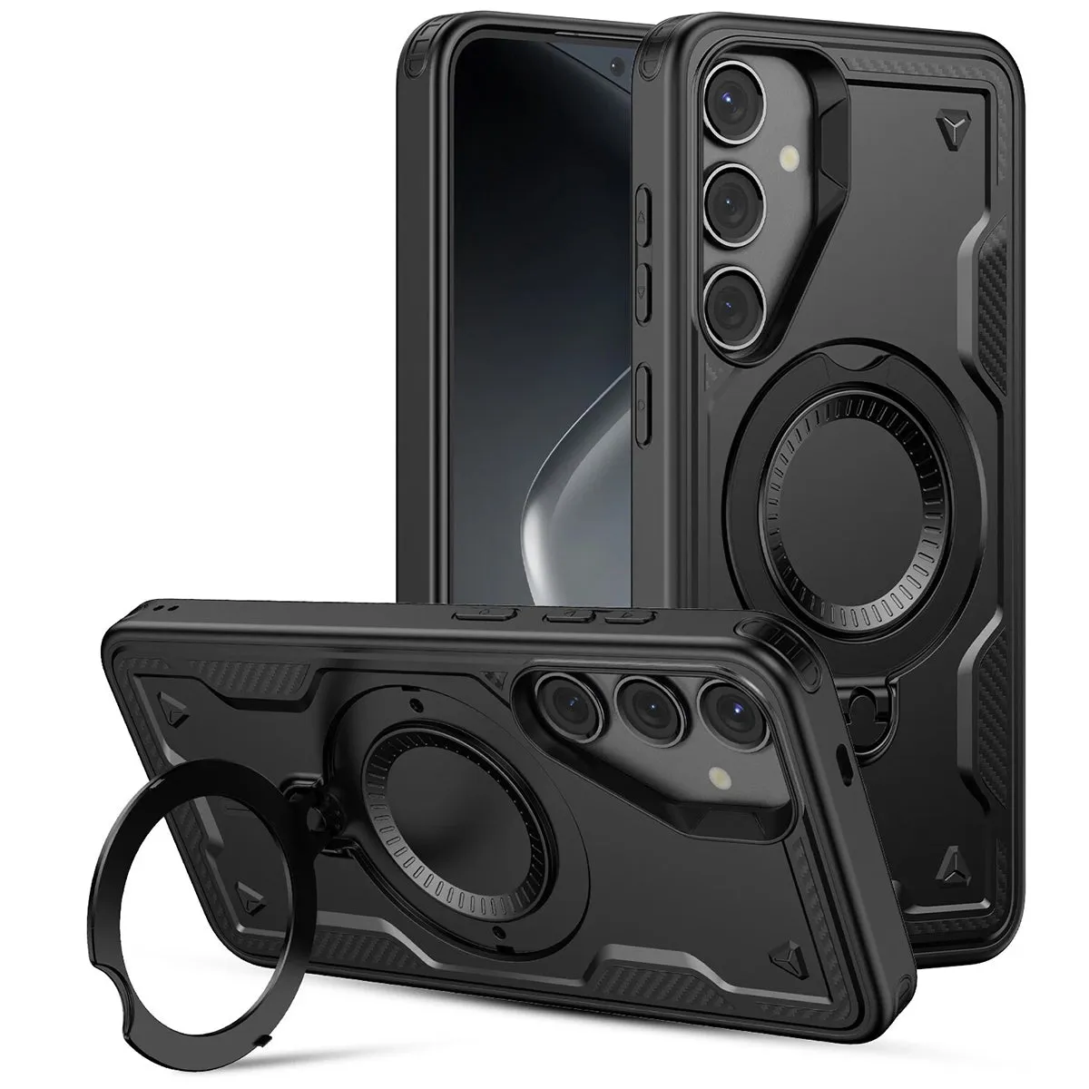 Samsung Galaxy S25 FE Back Cover Case With Glass |  Mag X Rugged with stand - Black Sleek Appearance Protective Design Texture