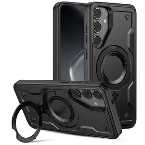 Samsung Galaxy S25 FE Back Cover Case With Glass |  Mag X Rugged with stand - Black Sleek Appearance Protective Design Texture