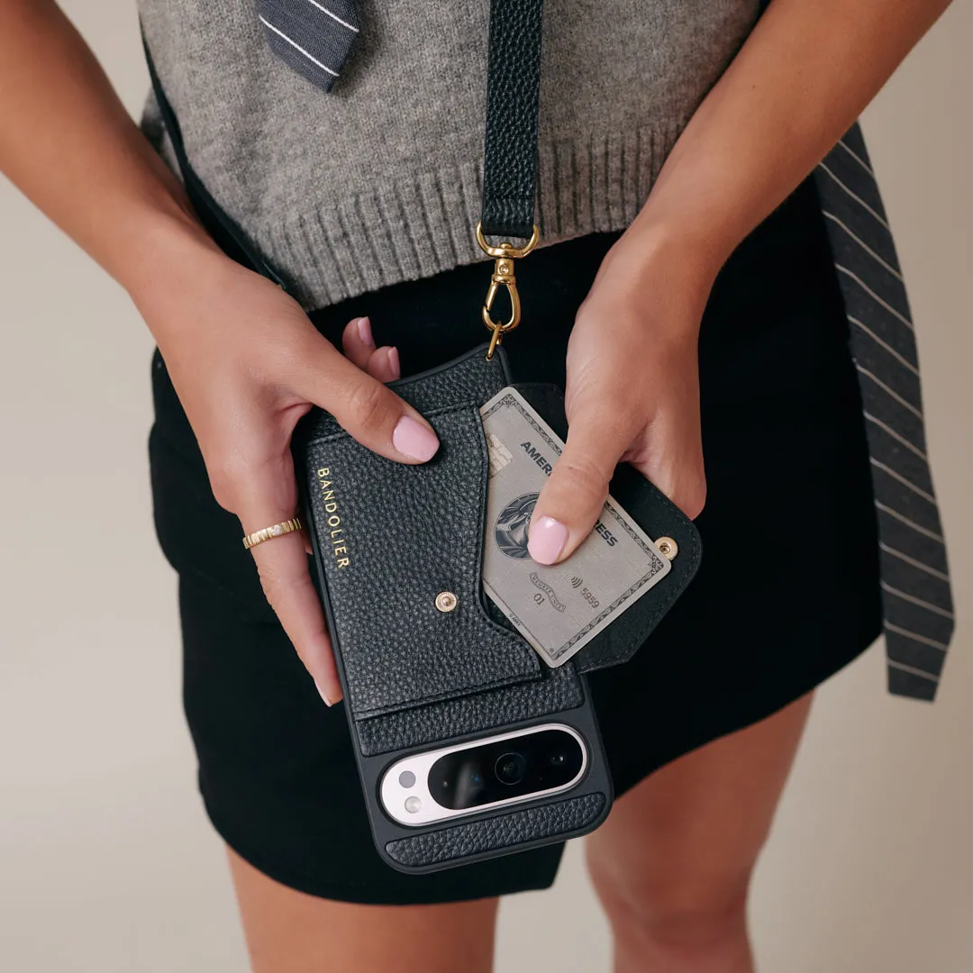 Crystal Finish Soft touch finish Hailey Google Pixel Side Slot Leather Crossbody Bandolier - Black/Gold