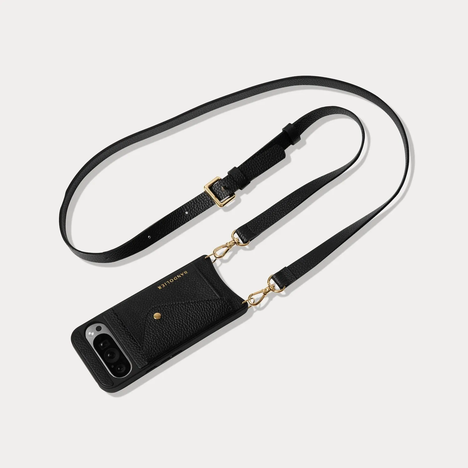 Tactile Buttons Protective Frame Hailey Google Pixel Side Slot Leather Crossbody Bandolier - Black/Gold