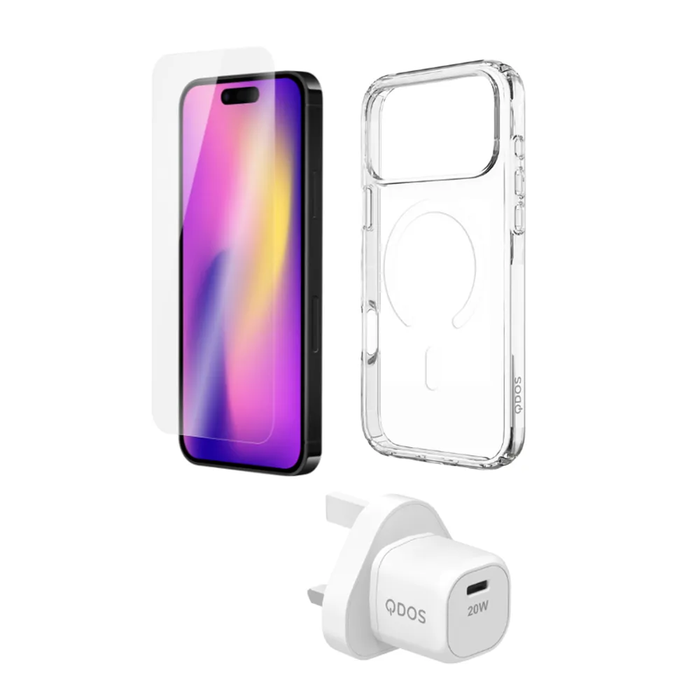 QDOS StarterPackCase/Power/Glass iPhone 17 Pro Max Clear/White Comfort Grip Durable Build Texture