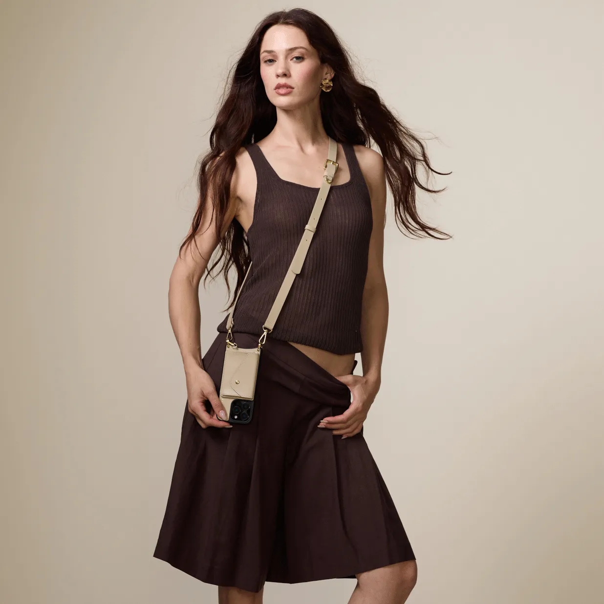 Compact Style Comfort Edge Layer Remi Magnet Wallet Crossbody Phone Case - Beige/Gold