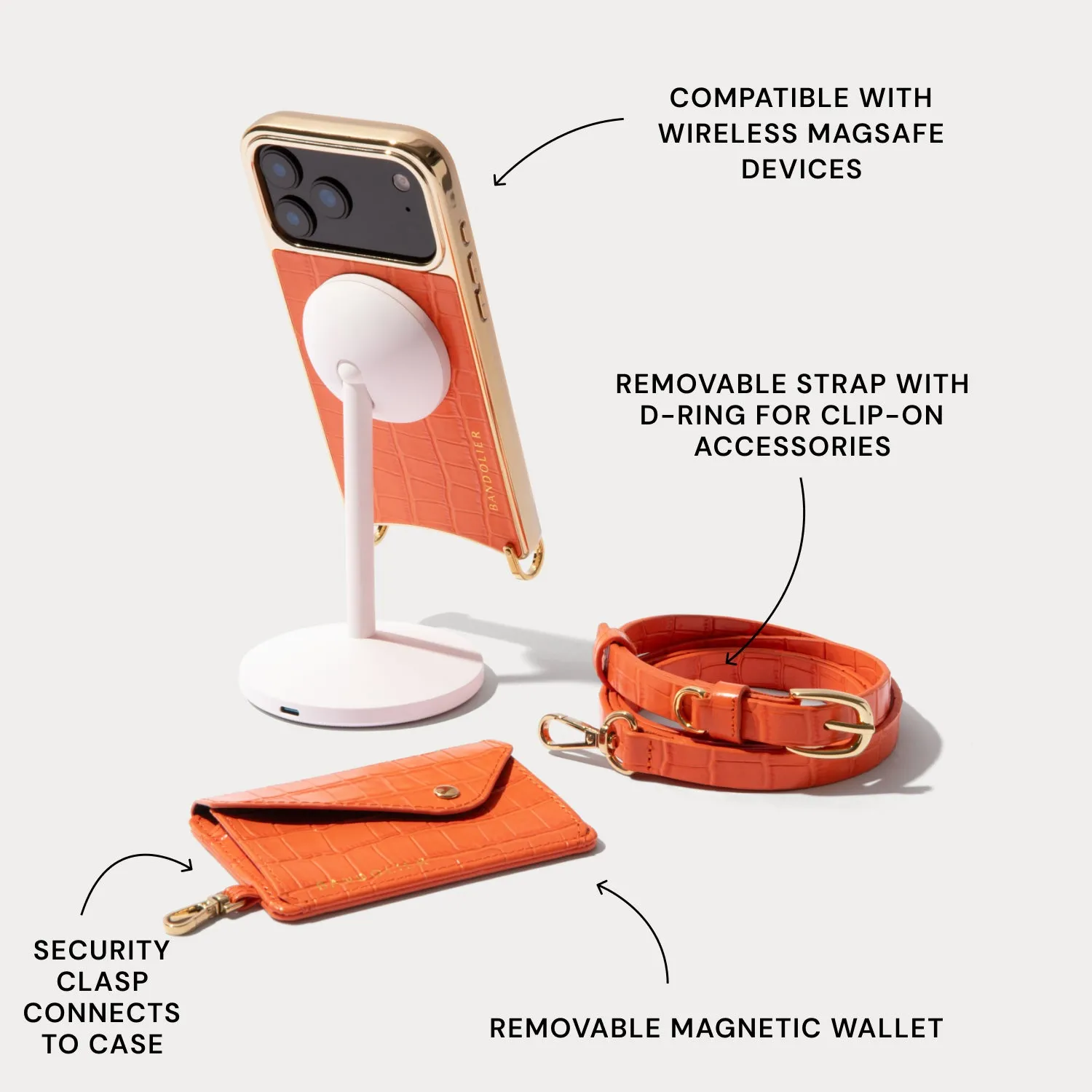 Strong Surface Remi Magnet Wallet Crossbody Phone Case - Orange Croc/Gold