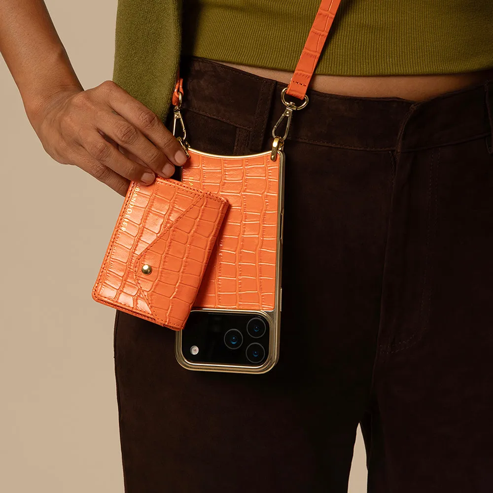 Shock Absorbing Everyday Look Remi Magnet Wallet Crossbody Phone Case - Orange Croc/Gold