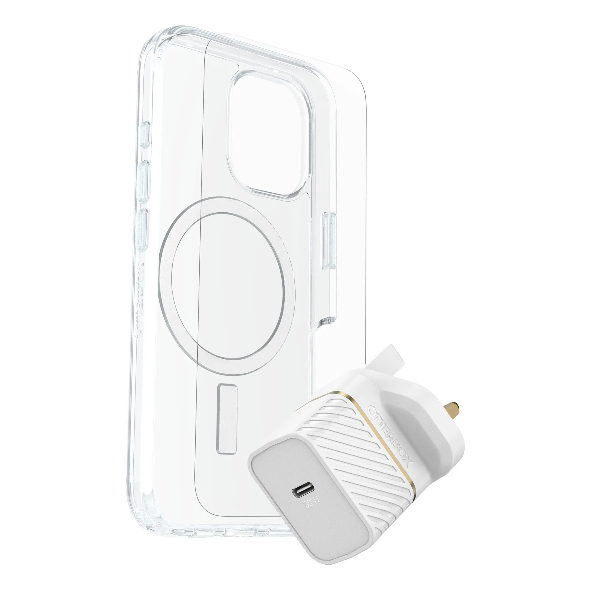 Refined Texture OtterBox Symmetry Clear MagSafe Cover   Premium Glass   Fast Charge Wall Charger 30W for iPhone 16 Pro Max