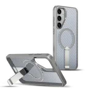 High End Look Durable Shell Samsung Galaxy S25 FE Back Cover Case | Mag X With Dotted Kick Stand - Gray
